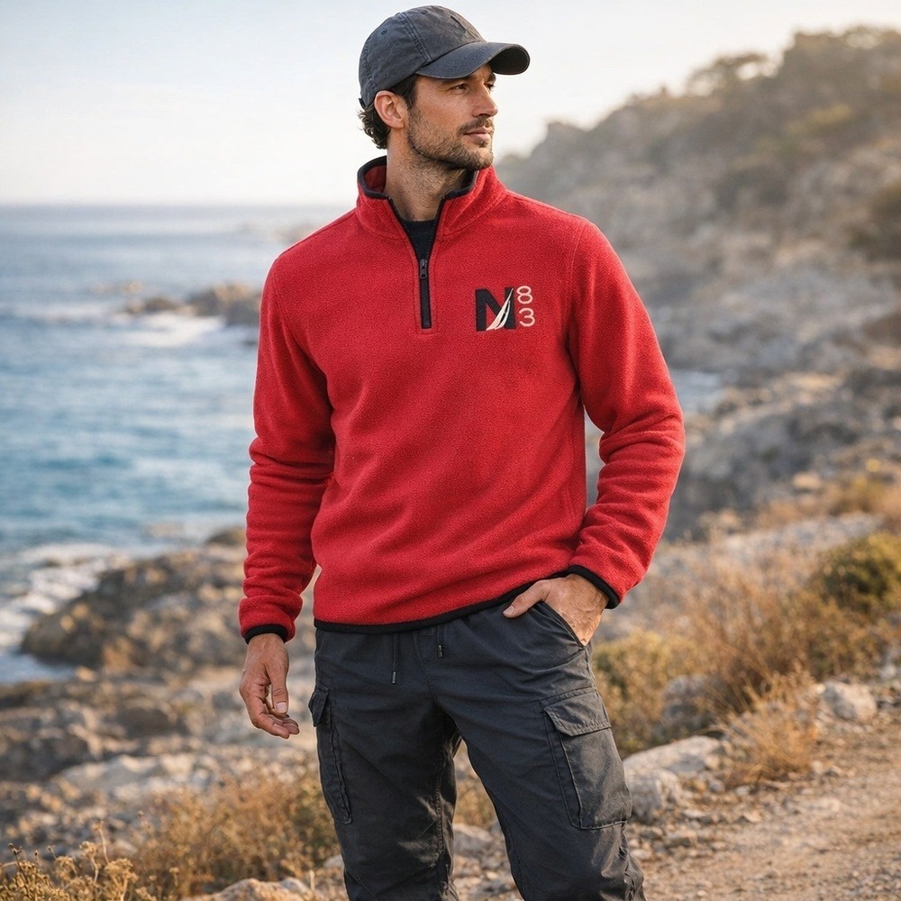 Nautica N83 Quarter Zip Fleece Pullover Red Large Sailing‎ Logo